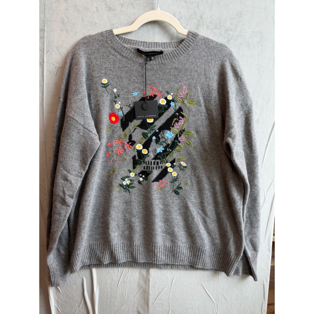 Skull Cashmere Floral Embroidered Sweater Women L Gray Indie Goth Grunge NEW NWT